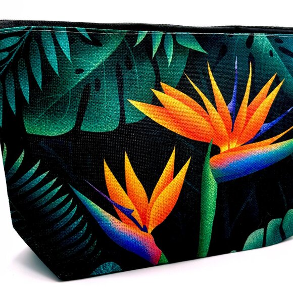 Tropical Bird of Paradise Flowers Canvas Zippered Pouch Makeup Bag Travel New - Picture 1 of 6